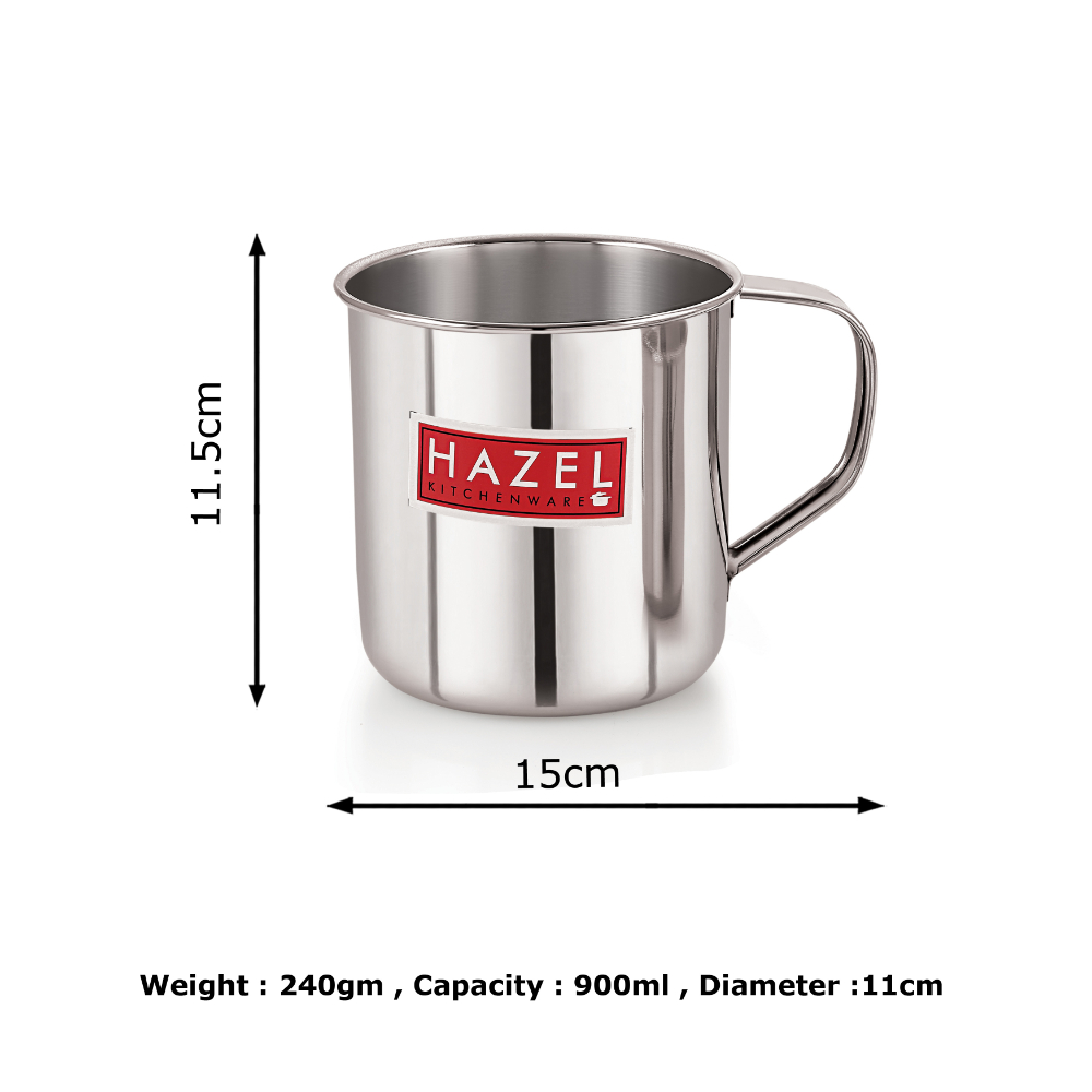 HAZEL Stainless Steel Multipurpose Mug Bucket Shower Bathroom For Home Daily Use Strong and Sturdy, 900 ml, Silver