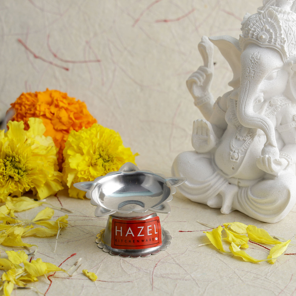 HAZEL Panchwati Diya for Puja | 5 Wati Wicks Oil Lamp Deep For Home Mandir Office Temple Pandol Pujan | Stainless Steel Diva Table Deepak For Pooja (6 x 3 cm)