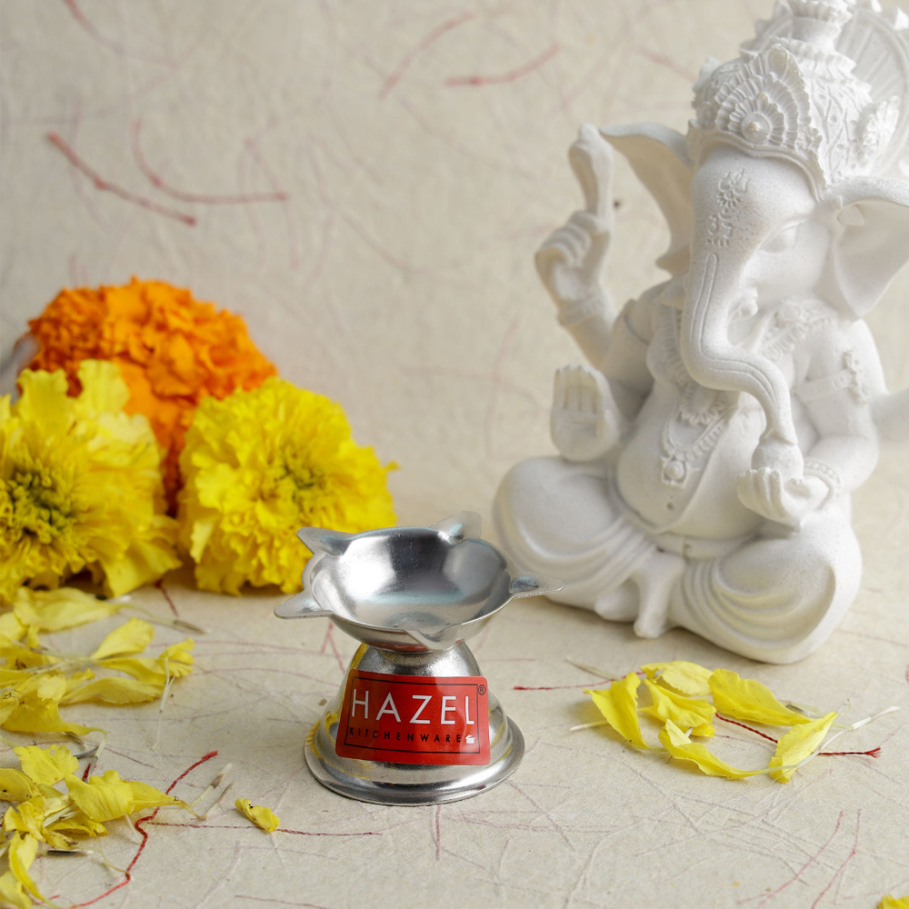 HAZEL Panchwati Diya for Puja | Stainless Steel Diva Table Deepak For Pooja | 5 Wati Wicks Oil Lamp Deep For Home Mandir Office Temple Pandol Pujan (5 x 3.5 cm)