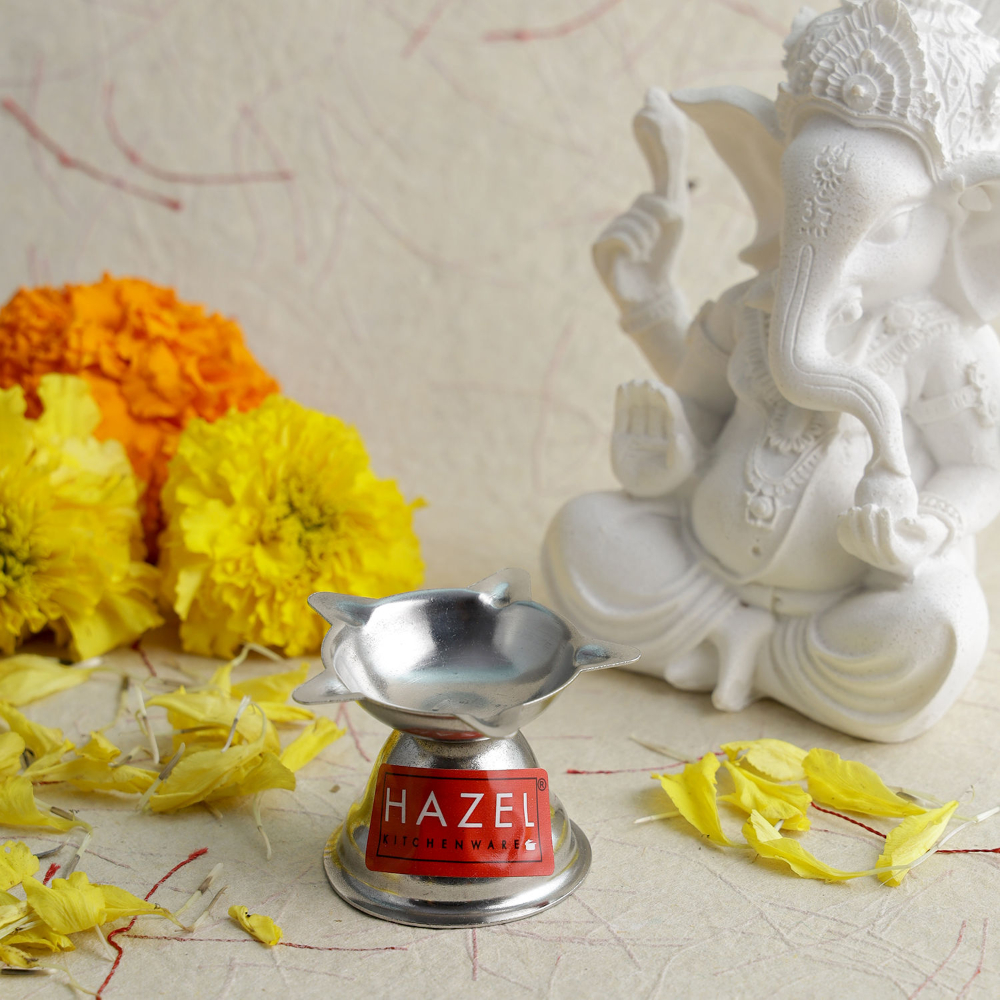 HAZEL Panchwati Diya for Puja | Stainless Steel Diva Table Deepak For Pooja | 5 Wati Wicks Oil Lamp Deep For Home Mandir Office Temple Pandol Pujan (5 x 3.5 cm)