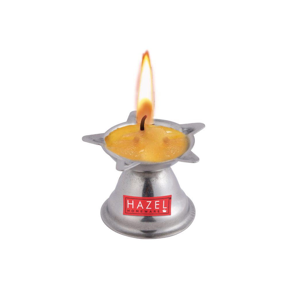 HAZEL Panchwati Diya for Puja | Stainless Steel Diva Table Deepak For Pooja | 5 Wati Wicks Oil Lamp Deep For Home Mandir Office Temple Pandol Pujan (5 x 3.5 cm)