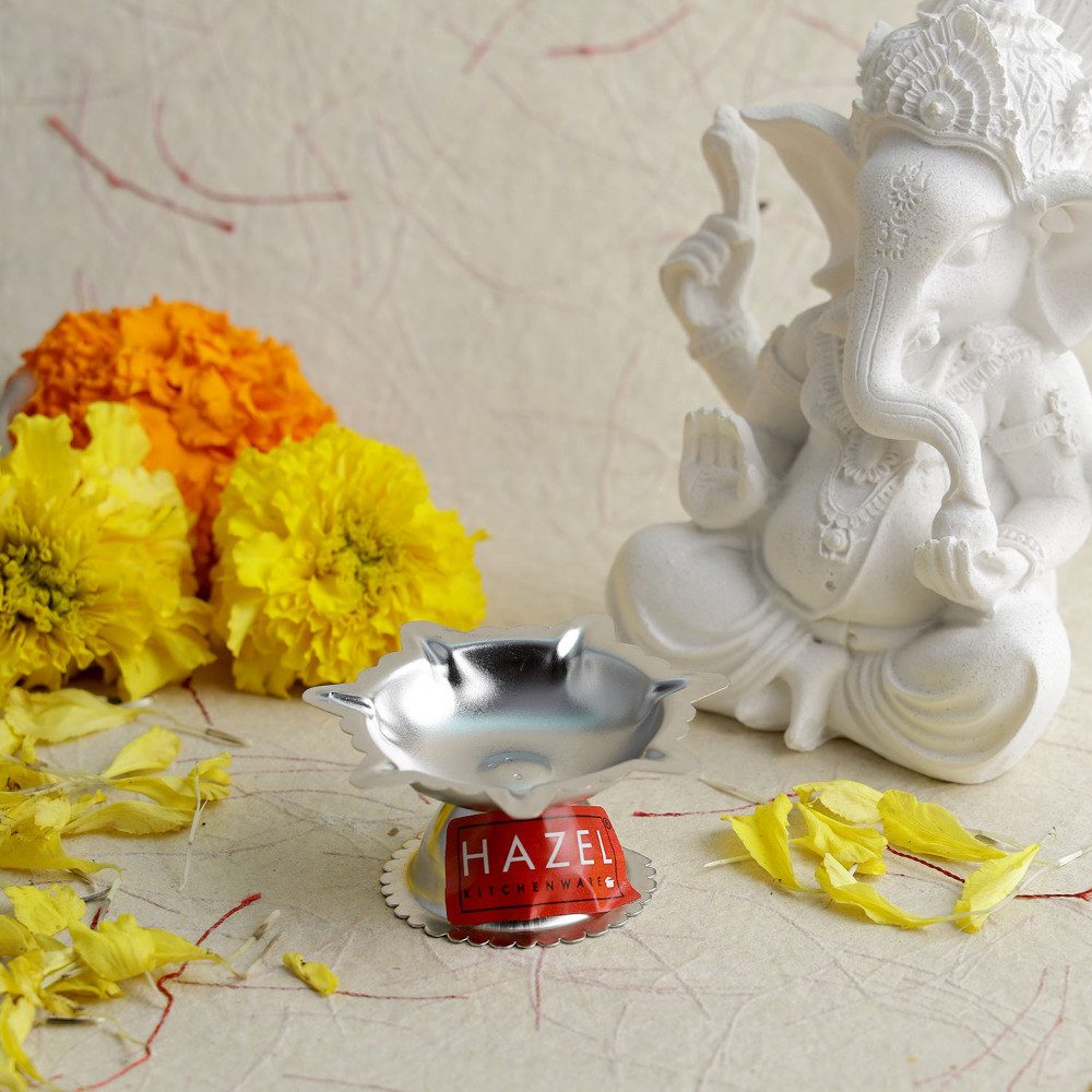 HAZEL Saptawati Diya for Puja | Stainless Steel Diva Table Deepak For Pooja | 7 Wati Wicks Oil Lamp Deep For Home Mandir Office Temple Pandol Pujan (5 x 3 cm)