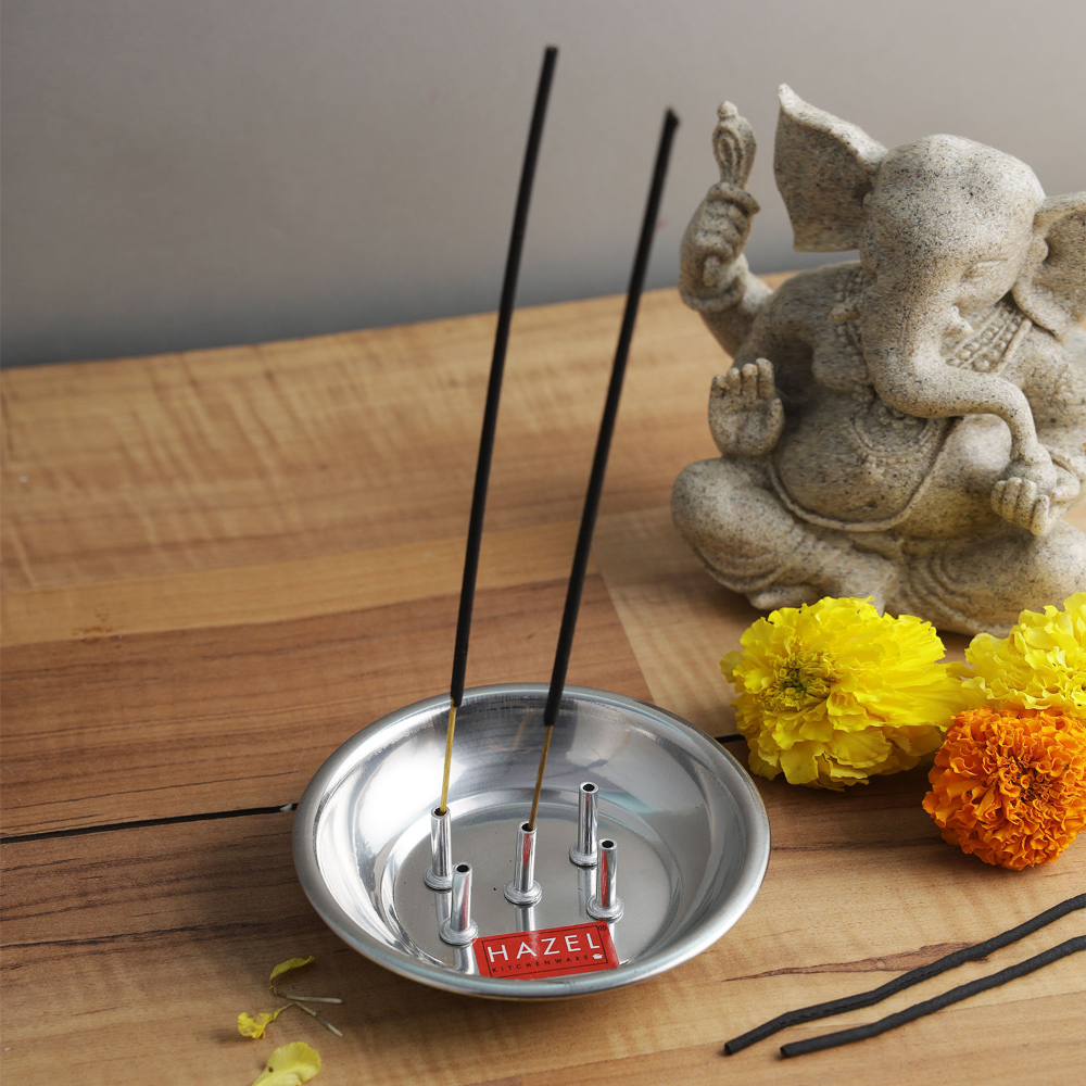 HAZEL Agarbatti Stand for Pooja | Incense Stick Holder | Agarbatti Stand with Ash Catcher With 5 Holes | Stainless Steel Udbatti Ghar Agardan for Puja (11 x 2 cm)