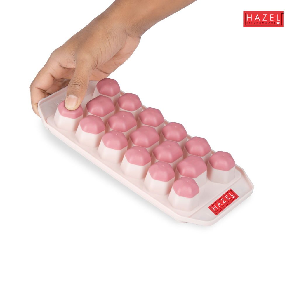 HAZEL Reusable Plastic Ice Cube Tray for Freezer with Silicone at Bottom for Easy Removal, Pink