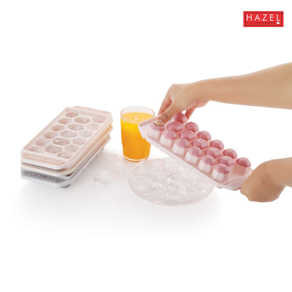 HAZEL Reusable Plastic Ice Cube Tray for Freezer with Silicone at Bottom for Easy Removal, Pink