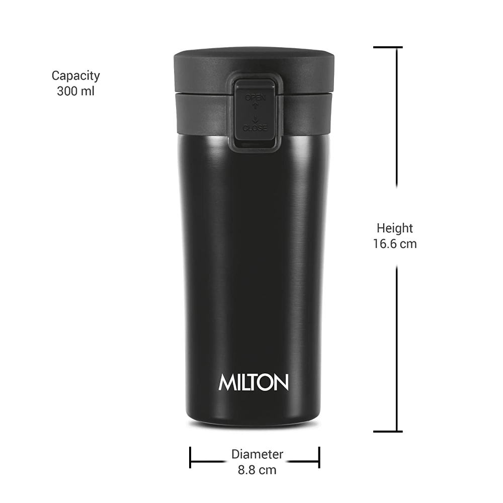 Milton Coffee Mug Thermosteel Hot or Cold Insulated Flask, 300 ml, Black | Leak Proof | Rust Proof | Tea Mug | Soup Flask | Juice Mug | Water Flask | Easy Grip | Easy to Carry