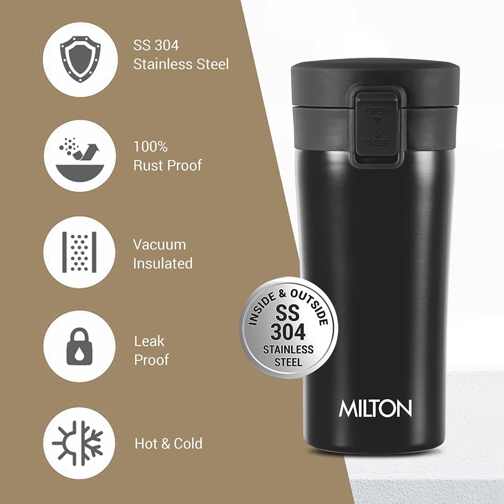 Milton Coffee Mug Thermosteel Hot or Cold Insulated Flask, 300 ml, Black | Leak Proof | Rust Proof | Tea Mug | Soup Flask | Juice Mug | Water Flask | Easy Grip | Easy to Carry