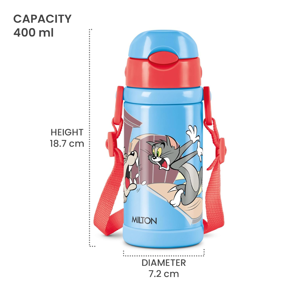 Milton Charmy 450 Tom & Jerry Thermosteel Vacuum Insulated Hot & Cold Kids Water Bottle, 400 ML, Blue