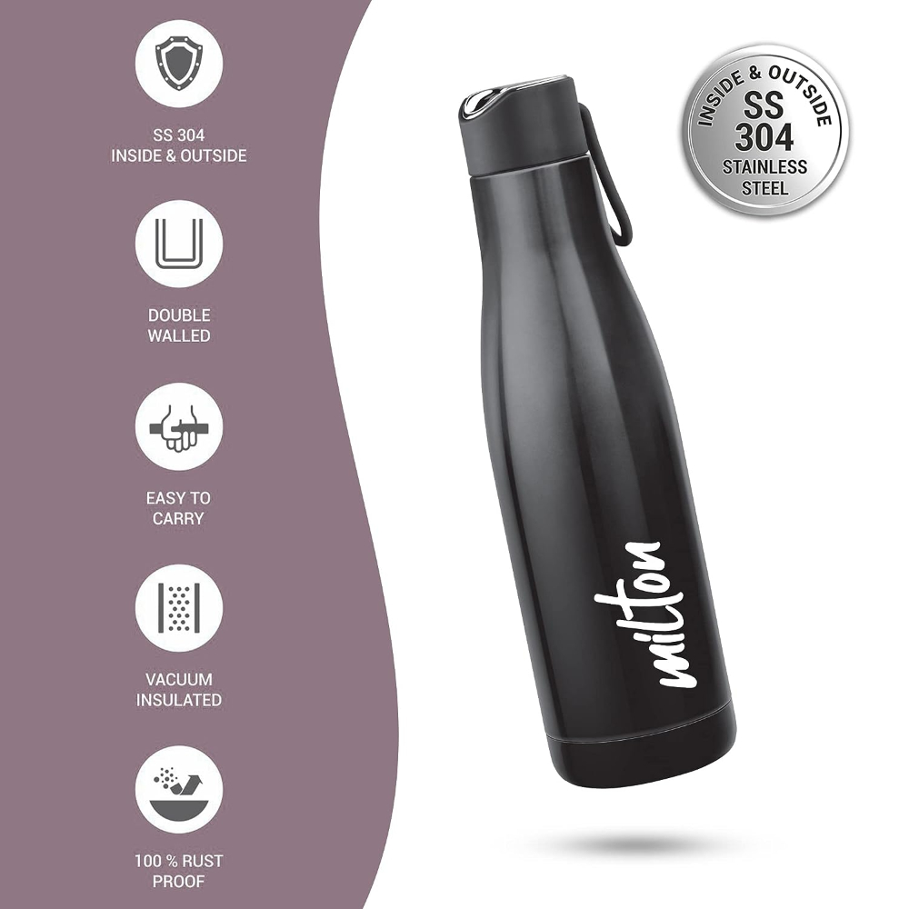 Milton FAME-1000 Thermosteel Vacuum Insulated Stainless Steel Hot & Cold Water Bottle, 891 ML, Black