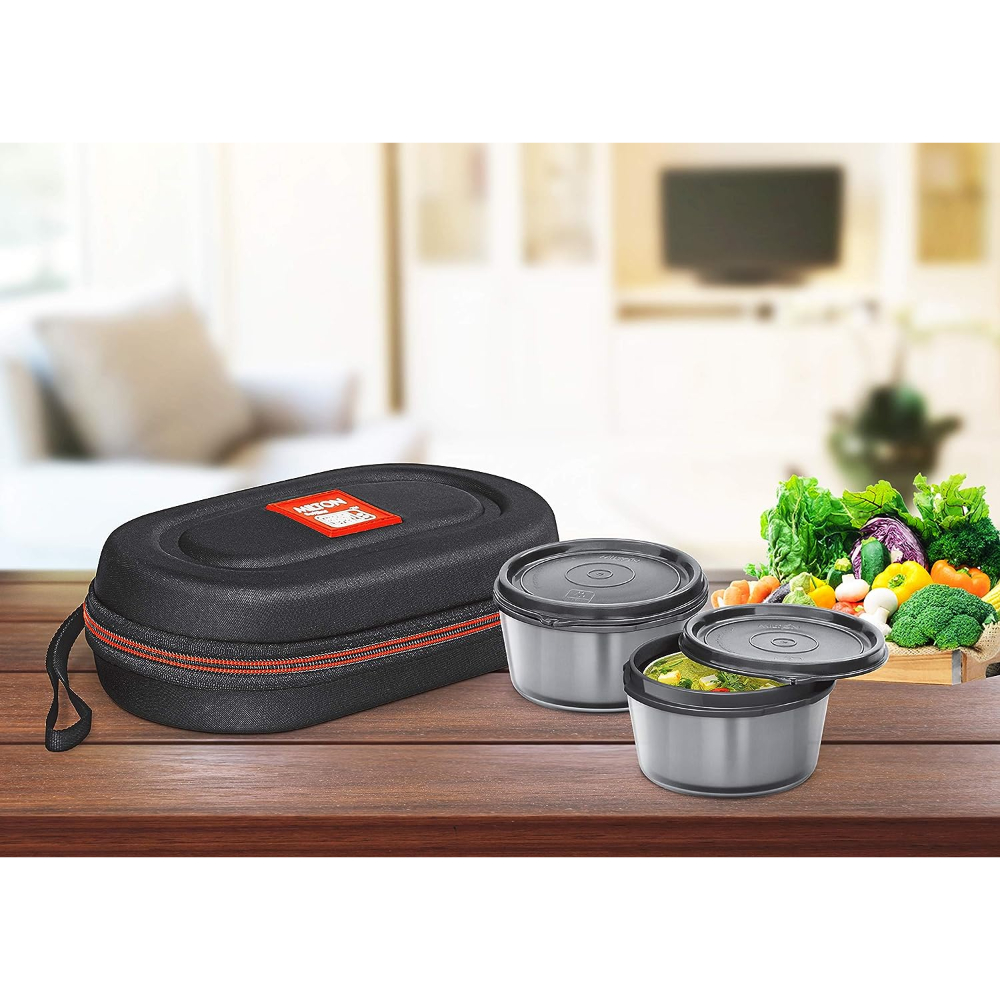 Milton Nutri Lunch Box Elegant Tiffin With Microwavable Steel Container Set 2 Pcs, 700 ml, Black