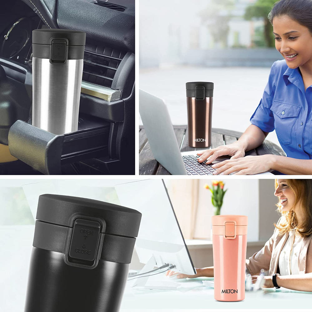 Milton Coffee Mug Thermosteel Hot or Cold Insulated Flask, 300 ml, Black | Leak Proof | Rust Proof | Tea Mug | Soup Flask | Juice Mug | Water Flask | Easy Grip | Easy to Carry