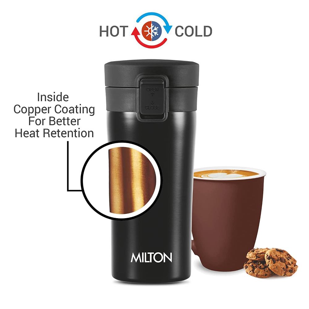 Milton Coffee Mug Thermosteel Hot or Cold Insulated Flask, 300 ml, Black | Leak Proof | Rust Proof | Tea Mug | Soup Flask | Juice Mug | Water Flask | Easy Grip | Easy to Carry