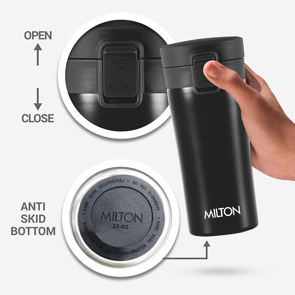 Milton Coffee Mug Thermosteel Hot or Cold Insulated Flask, 300 ml, Black | Leak Proof | Rust Proof | Tea Mug | Soup Flask | Juice Mug | Water Flask | Easy Grip | Easy to Carry