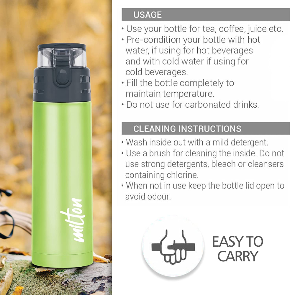 Milton Atlantis 600 Thermosteel Insulated Water Bottle, 500 ml, Green | Hot and Cold | Leak Proof | Office Bottle | Sports | Home | Kitchen | Hiking | Treking | Travel | Easy to Carry | Rust Proof