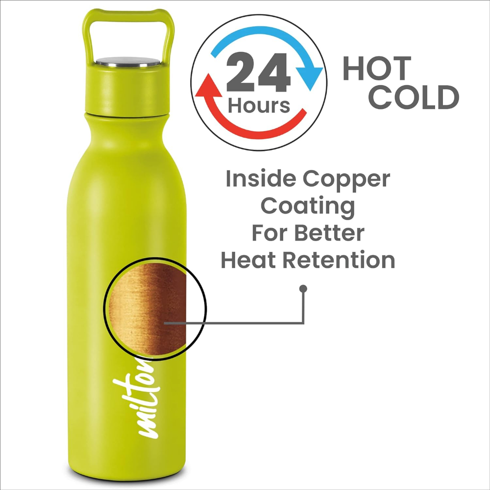 Milton Alice 600 Thermosteel 24 Hours Hot and Cold Leak Proof Water Bottle, 580 ML, Neon Green