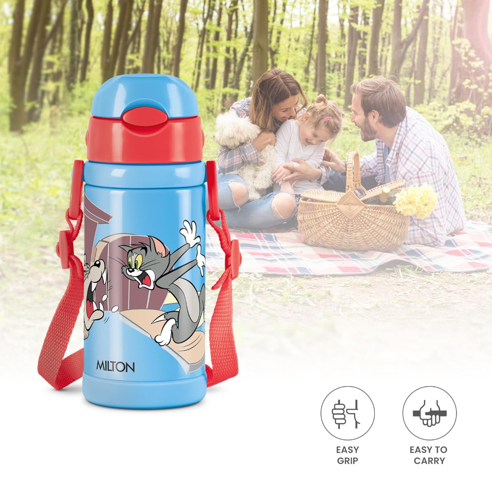 Milton Charmy 450 Tom & Jerry Thermosteel Vacuum Insulated Hot & Cold Kids Water Bottle, 400 ML, Blue