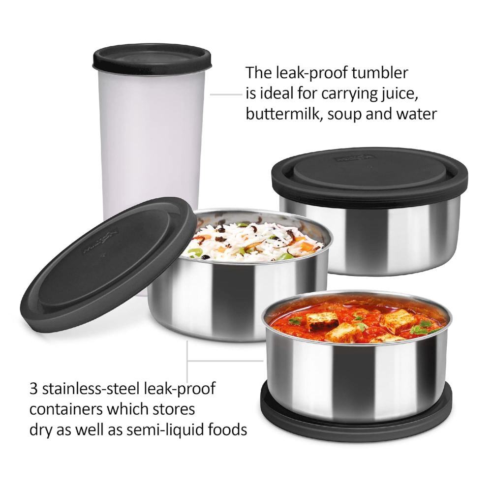 Milton New Steel Combi Leak Proof Lunch Box, 3 Containers and 1 Tumbler with Jacket, Set of 4, Black