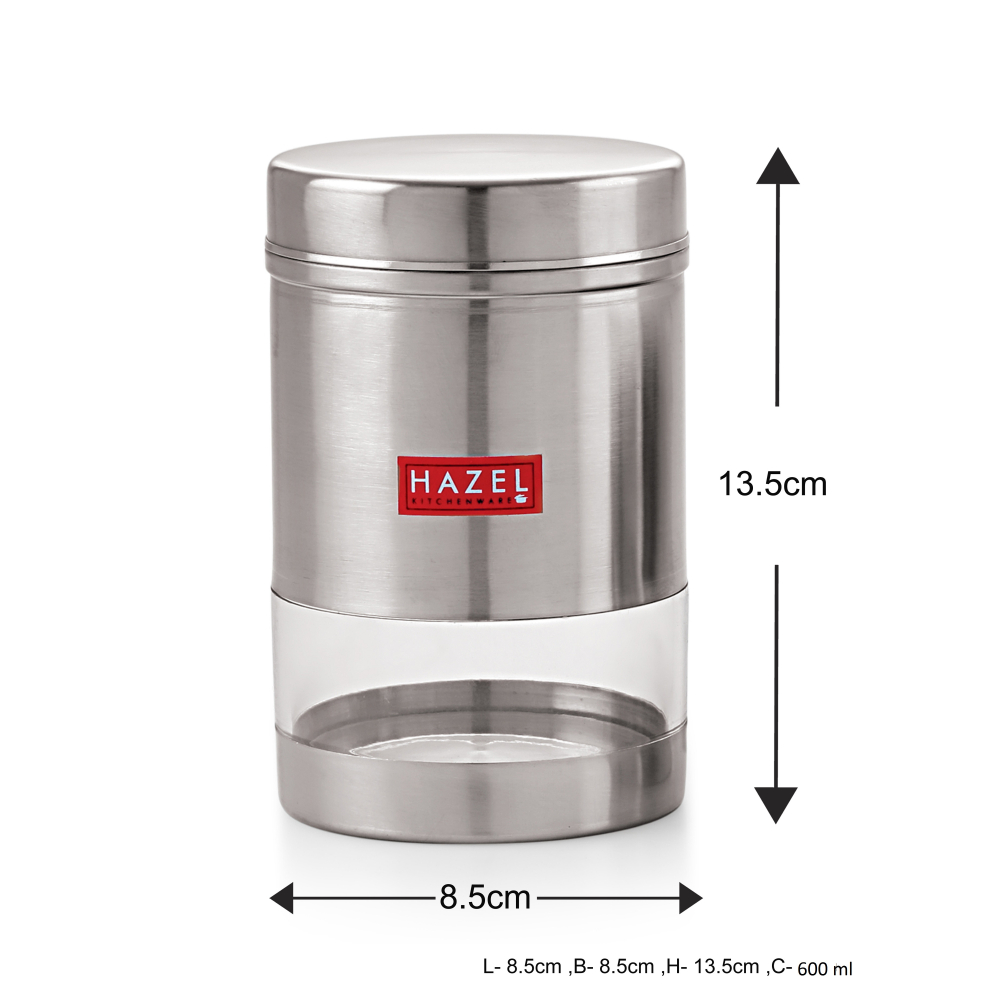 HAZEL Stainless Steel Transparent See Through Container, Silver, 1 PC, 600 Ml