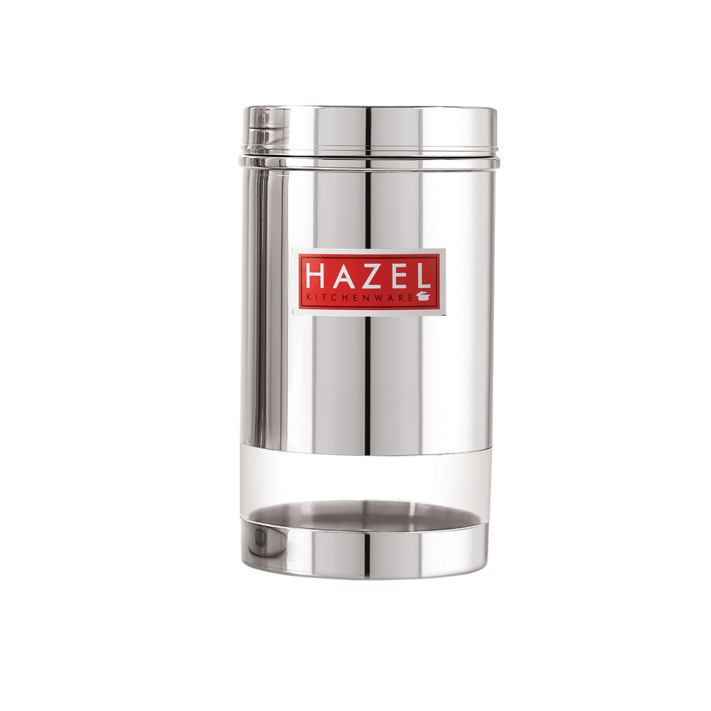 HAZEL Stainless Steel Transparent Glossy Finish See Through Container, Silver, 1 PC, 1200 Ml