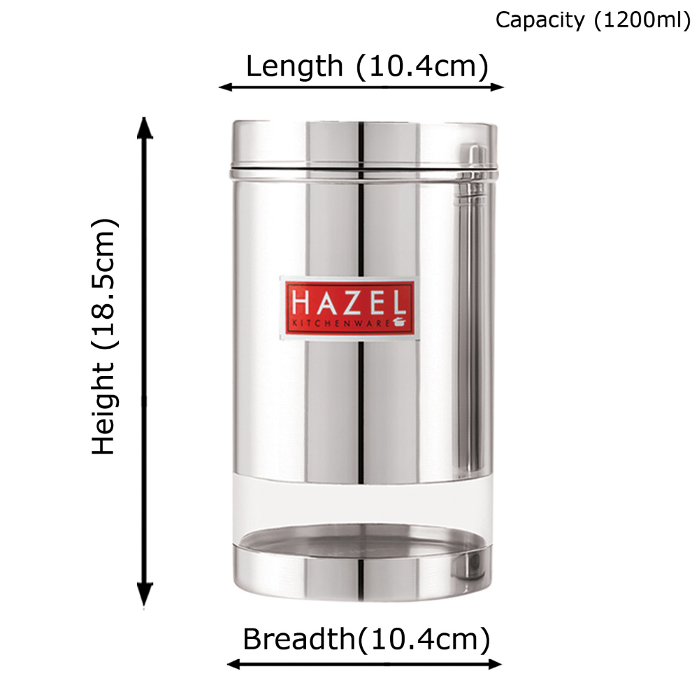 HAZEL Stainless Steel Transparent Glossy Finish See Through Container, Silver, 1 PC, 1200 Ml