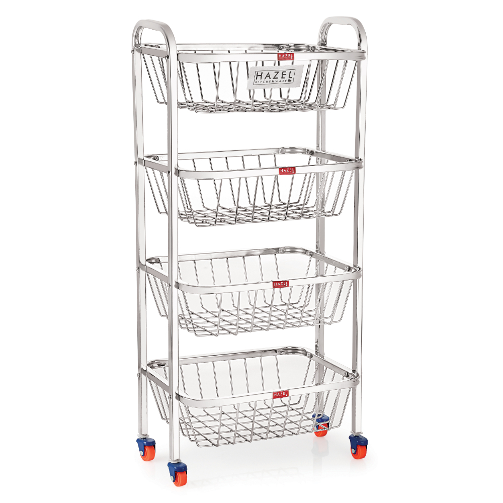HAZEL Stainless Steel Fruit Vegetable Basket Kitchen Storage Trolley Rack Rectangle Stand with Wheel, 4 Layer, 14 x 32.8 Inches