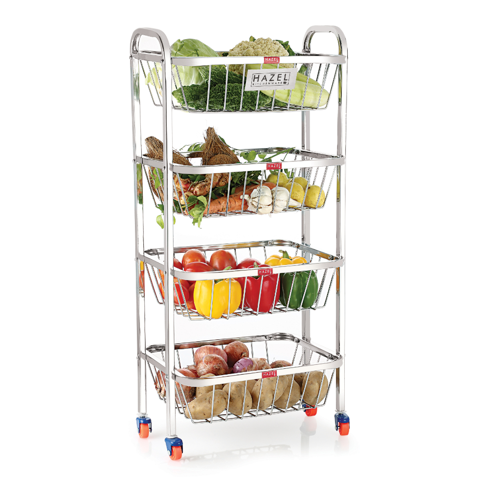 HAZEL Stainless Steel Fruit Vegetable Basket Kitchen Storage Trolley Rack Rectangle Stand with Wheel, 4 Layer, 14 x 32.8 Inches