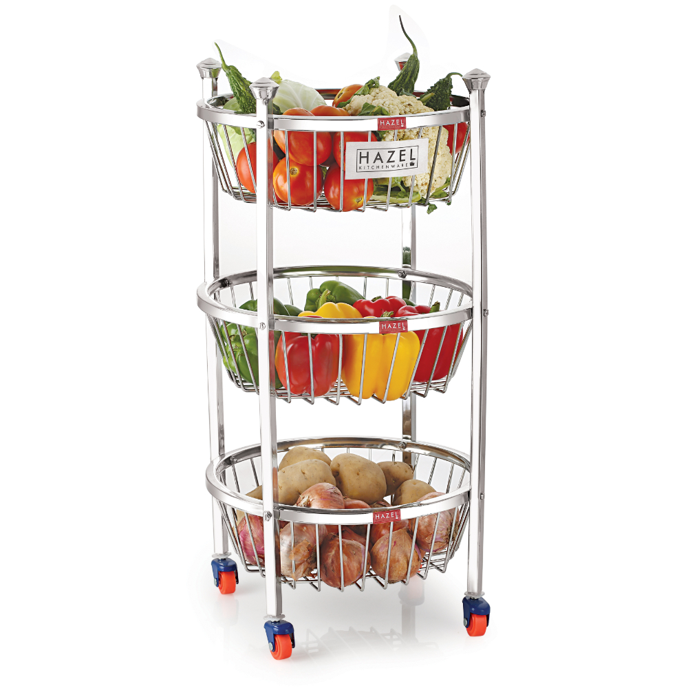 HAZEL Stainless Steel Fruit Vegetable Basket Kitchen Storage Trolley Rack Round Stand with Wheel, 3 Layer, 14.2 x 24.4 Inches