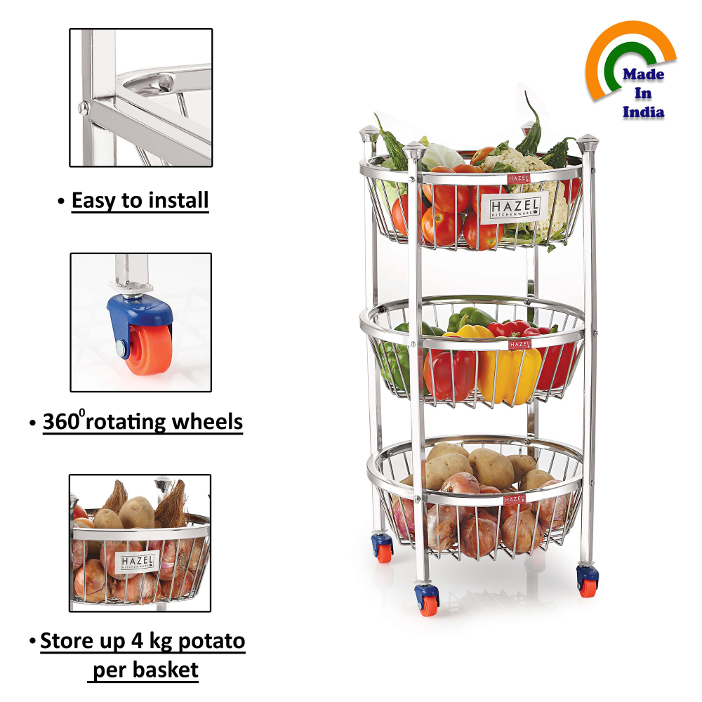 HAZEL Stainless Steel Fruit Vegetable Basket Kitchen Storage Trolley Rack Round Stand with Wheel, 3 Layer, 14.2 x 24.4 Inches