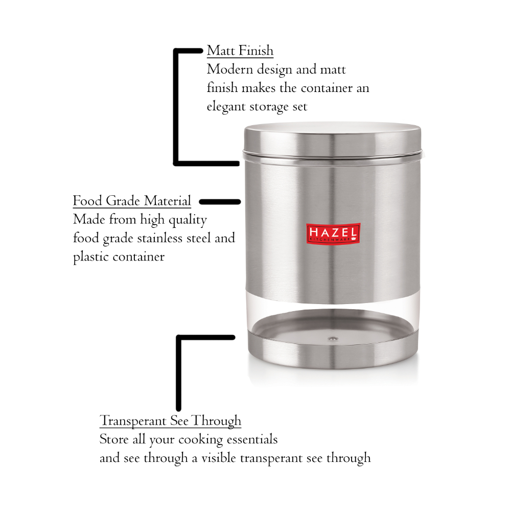 HAZEL Stainless Steel Container For Kitchen Storage Transparent See Through Matt Finish Storage Jar Dabba, Set of 1, 3000 ML, Silver