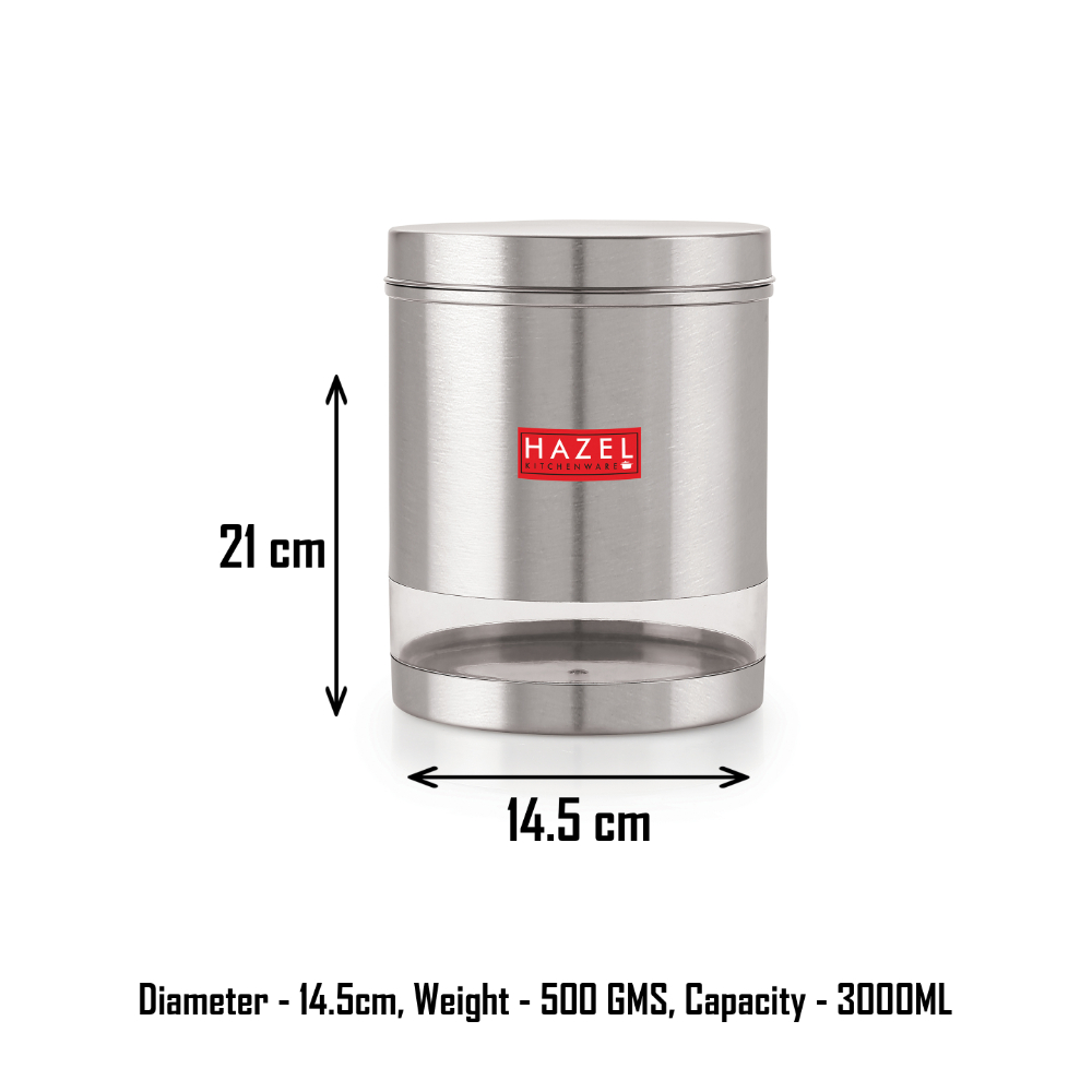 HAZEL Stainless Steel Container For Kitchen Storage Transparent See Through Matt Finish Storage Jar Dabba, Set of 1, 3000 ML, Silver