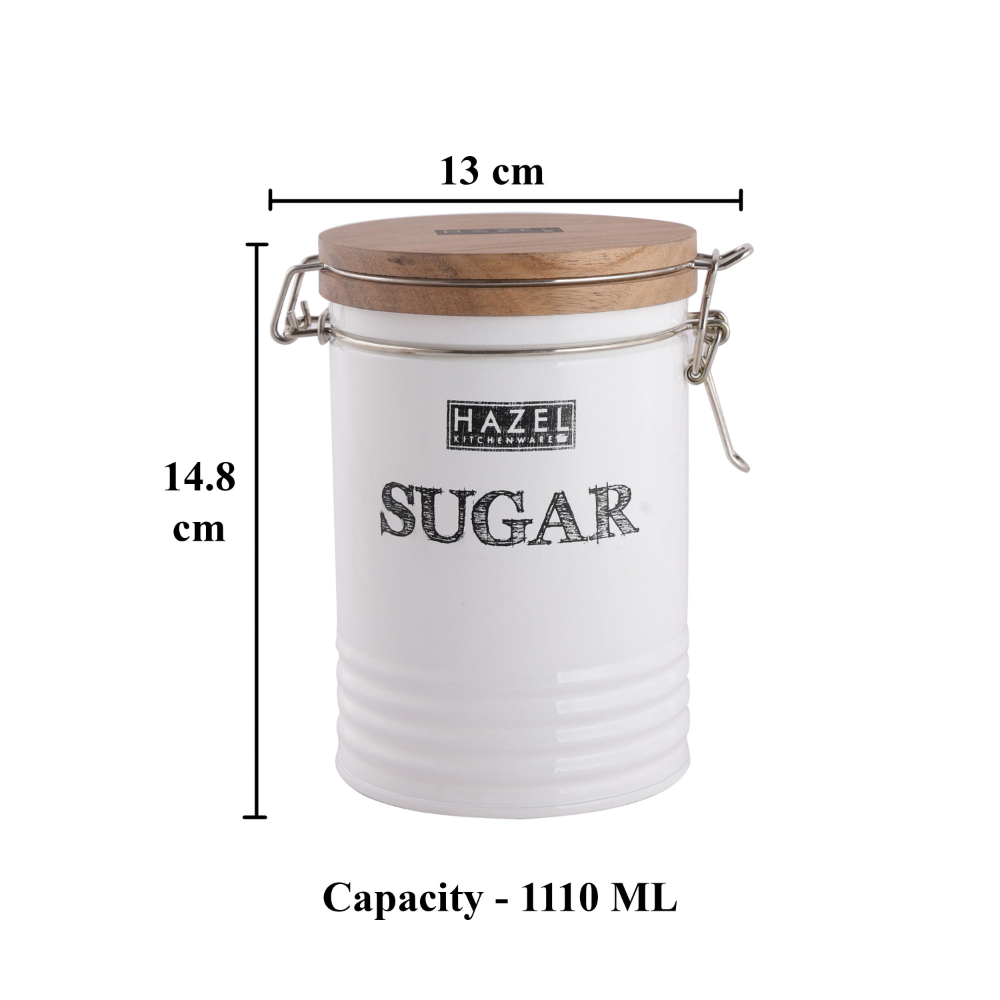 HAZEL Sugar Container with Wooden Lid for Kitchen | Sugar Storage Box For Kitchen | Food Grade Kitchen Container with Name, 1110 ML, White