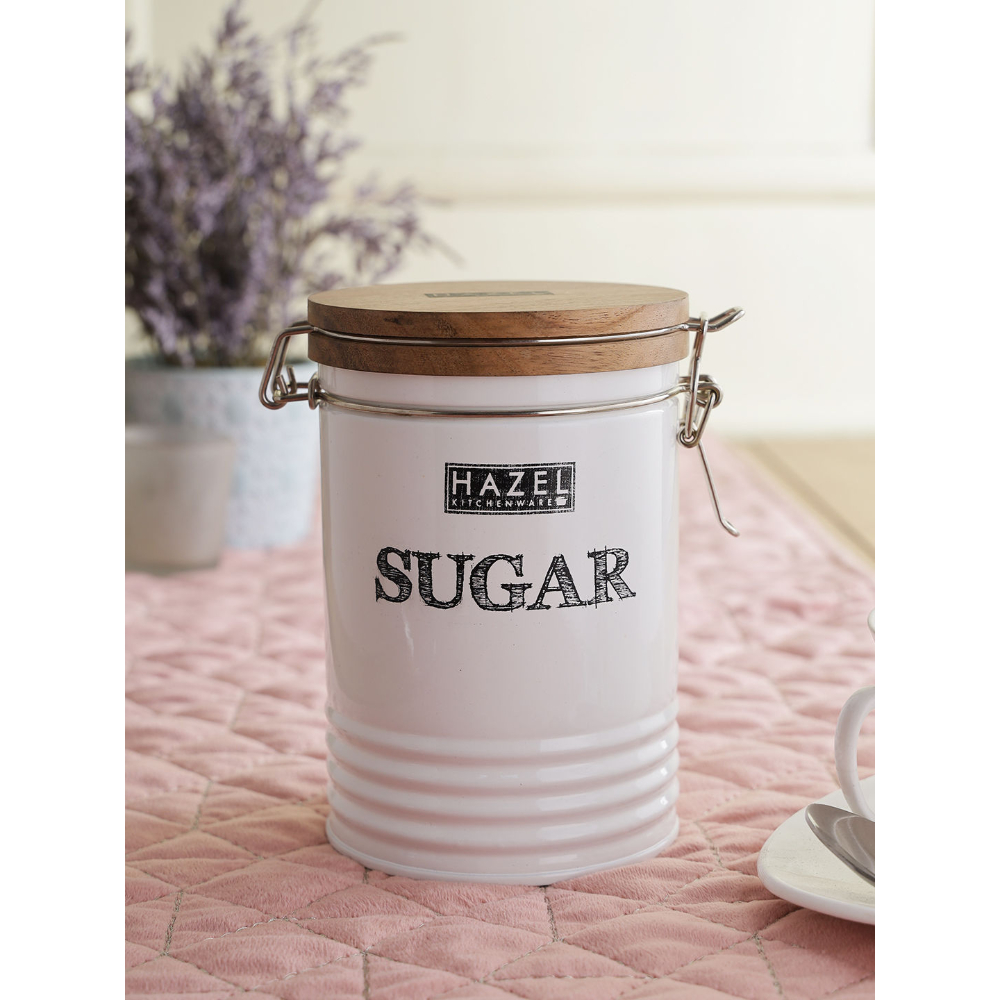 HAZEL Sugar Container with Wooden Lid for Kitchen | Sugar Storage Box For Kitchen | Food Grade Kitchen Container with Name, 1110 ML, White