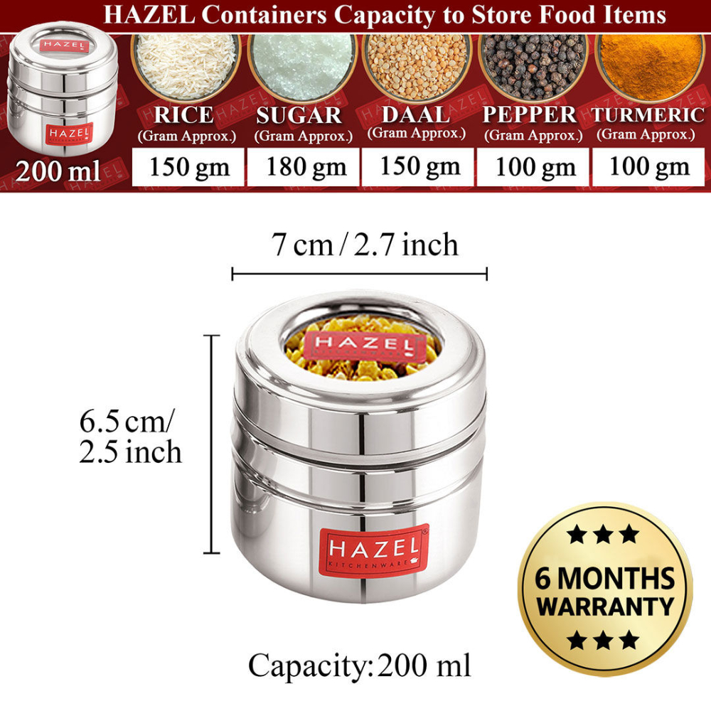 HAZEL Steel Small Container for Kitchen | Transparent Lid Containers for Storage | Small Container for Spices, 200 ML