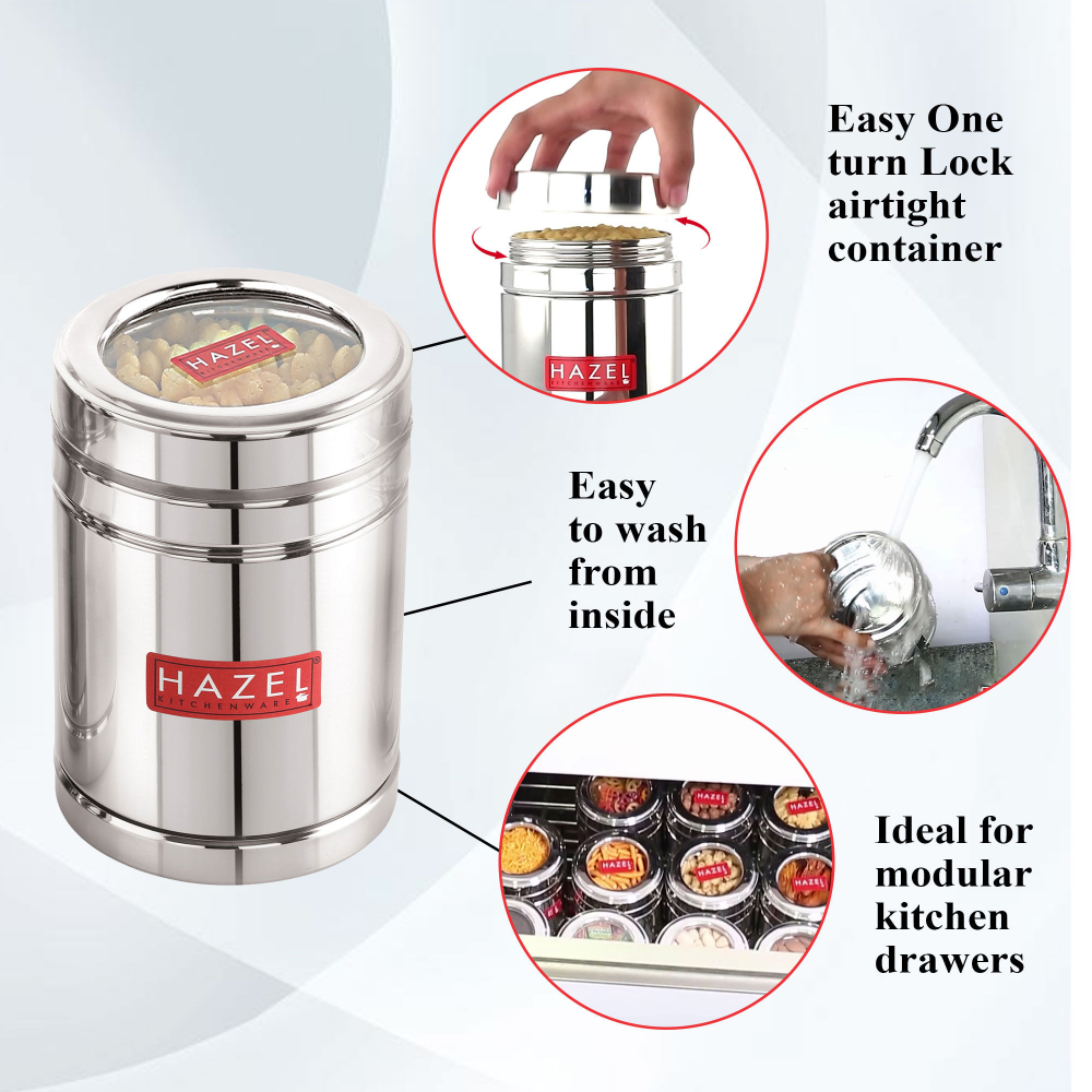 HAZEL Steel Tea Container with Transparent Lid | Transparent Lid Tea Powder Storage Box For Kitchen |Food Grade Steel Kitchen Container , 1000 ML