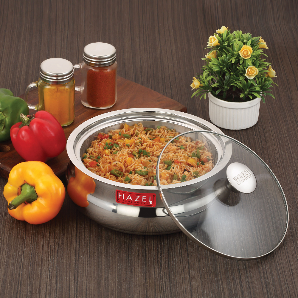 HAZEL Stainless Steel Casserole for Roti With Glass Lid | Chapati Casserole with Transparent Lid | Steel Roti Dabba for Serving | Hotcase for food serving, 1250 ML, Silver