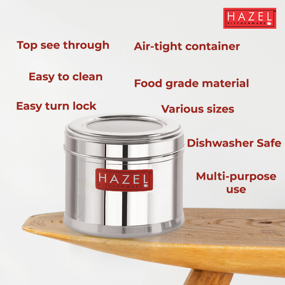 HAZEL Stainless Steel Containers for Kitchen | Top See Through Stainless Steel Airtight Masala Box for Kitchen Storage with Airtight Lid, 750 ML