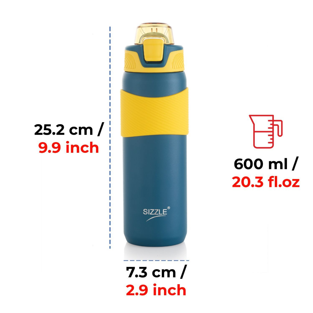 Sizzle Crest Vacuum Insulated Flask Double Wall Hot & Cold Water Bottle with Silicone Grip & Press Button Mechanism for One Hand Use | 600 ML | Sipper Bottle for Kids & Adults | Green