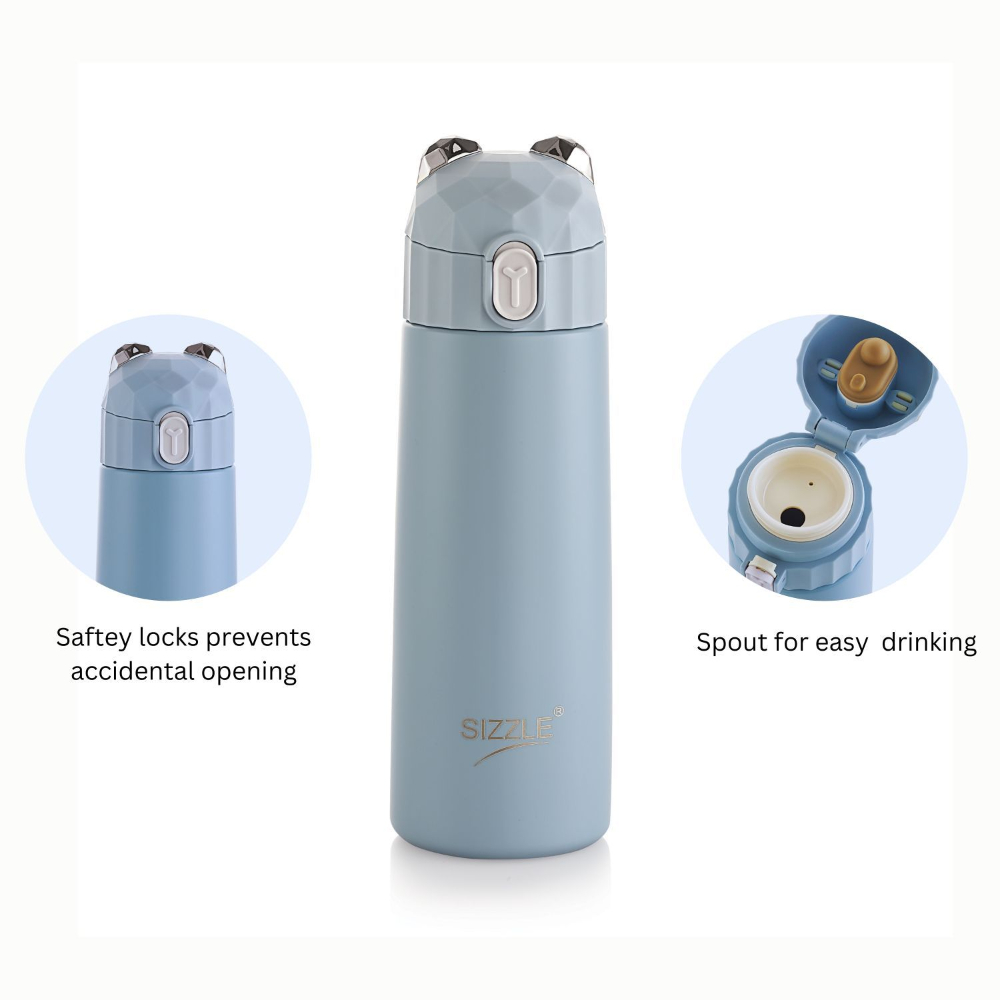 Sizzle Splash Vacuum Insulated Flask Double Wall Hot & Cold Water Bottle with Press Button Mechanism for One Hand Use | 350 ML | Fits Easily in Hand Bags & Lunch Bags | Blue
