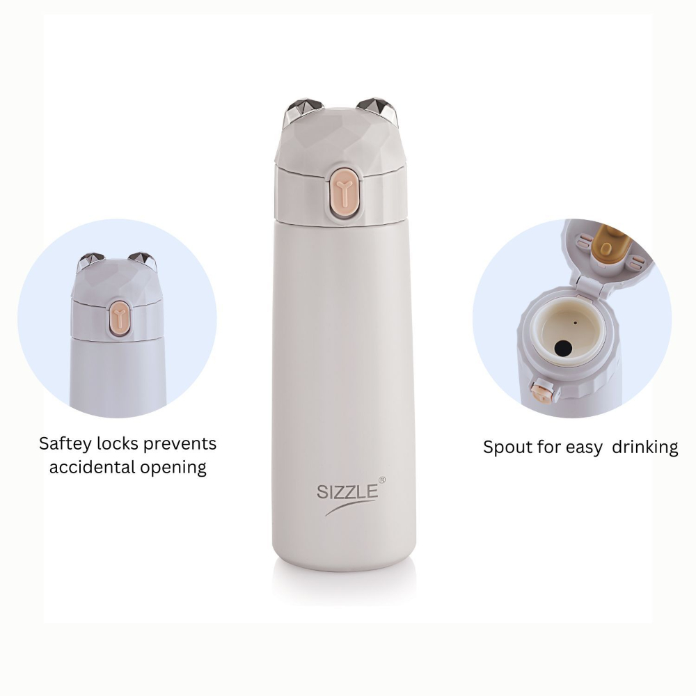 Sizzle Splash Vacuum Insulated Flask Double Wall Hot & Cold Water Bottle with Press Button Mechanism for One Hand Use | 350 ML | Fits Easily in Hand Bags & Lunch Bags | Pink