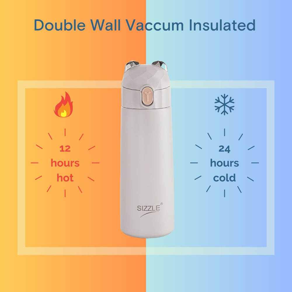 Sizzle Splash Vacuum Insulated Flask Double Wall Hot & Cold Water Bottle with Press Button Mechanism for One Hand Use | 350 ML | Fits Easily in Hand Bags & Lunch Bags | Pink