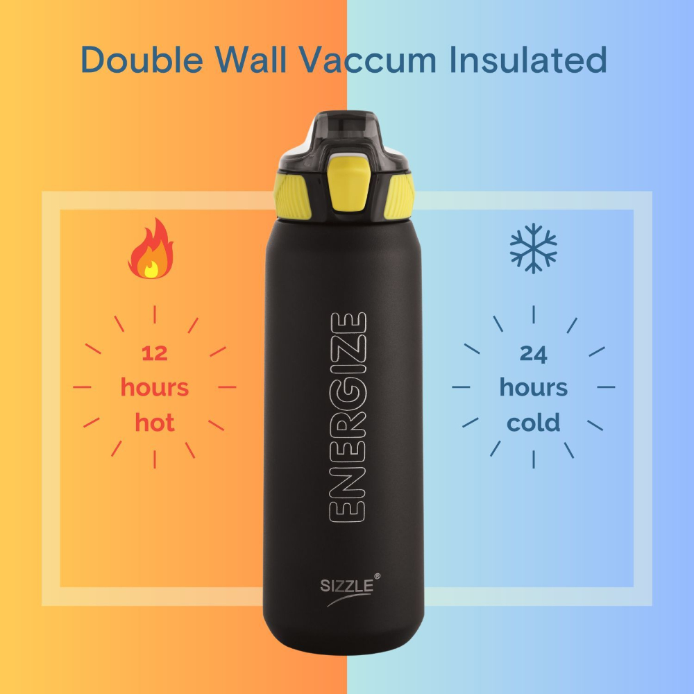 Sizzle Iris Vacuum Insulated Flask Double Wall Hot & Cold Sipper Water Bottle with Press Button Mechanism for One Hand Use | 800 ML | Keeps 12 Hours Hot Or 24 Hours Cold | Black 