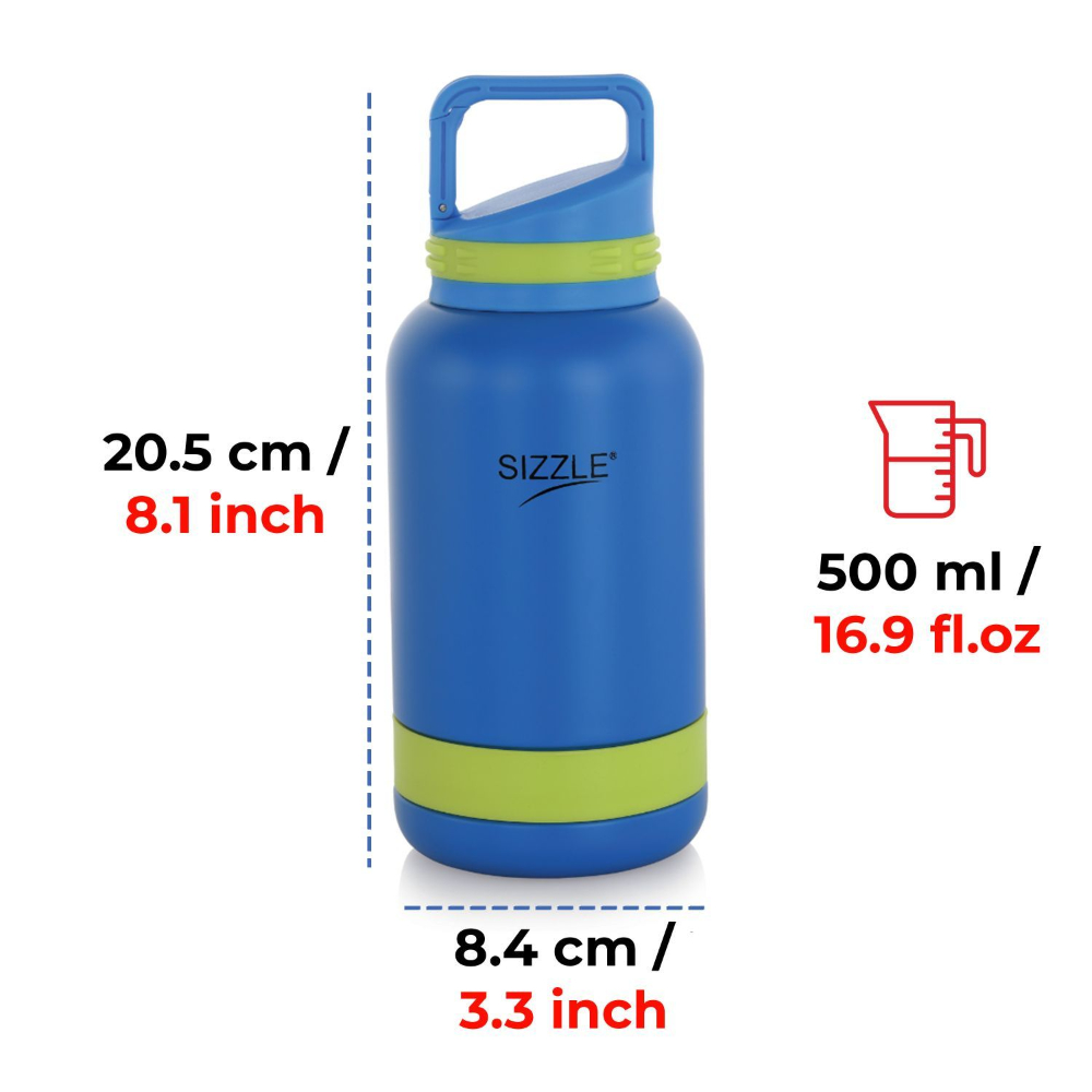 Sizzle Double Wall Vacuum Insulated Flask Water Bottle 500 ML Leakproof 12 Hours Hot | 12 Hours Cold | Blue