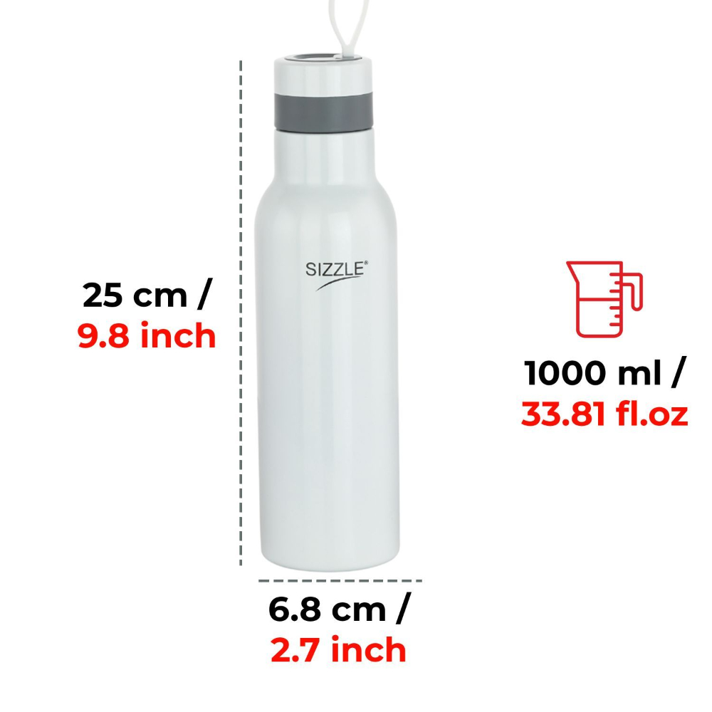 Sizzle Modern Stainless Steel Lightweight Leakproof Water Bottle, 1000 ML, White