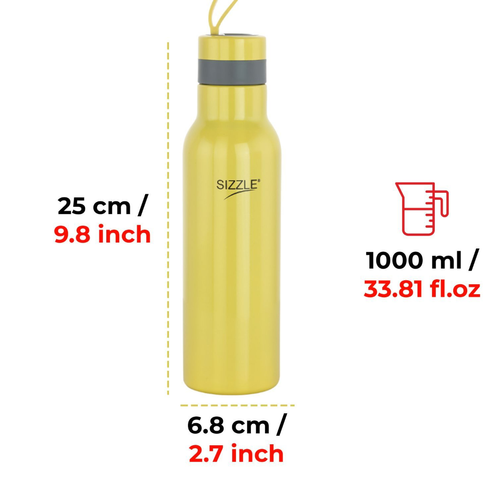 Sizzle Modern Stainless Steel Lightweight Leakproof Water Bottle, 1000 ML, Yellow