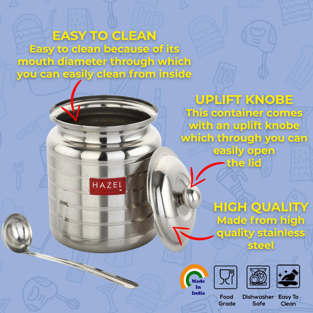 HAZEL Stainless Steel Ghee Pot with Spoon | Oil Containers for Kitchen with Lid, 275 ML