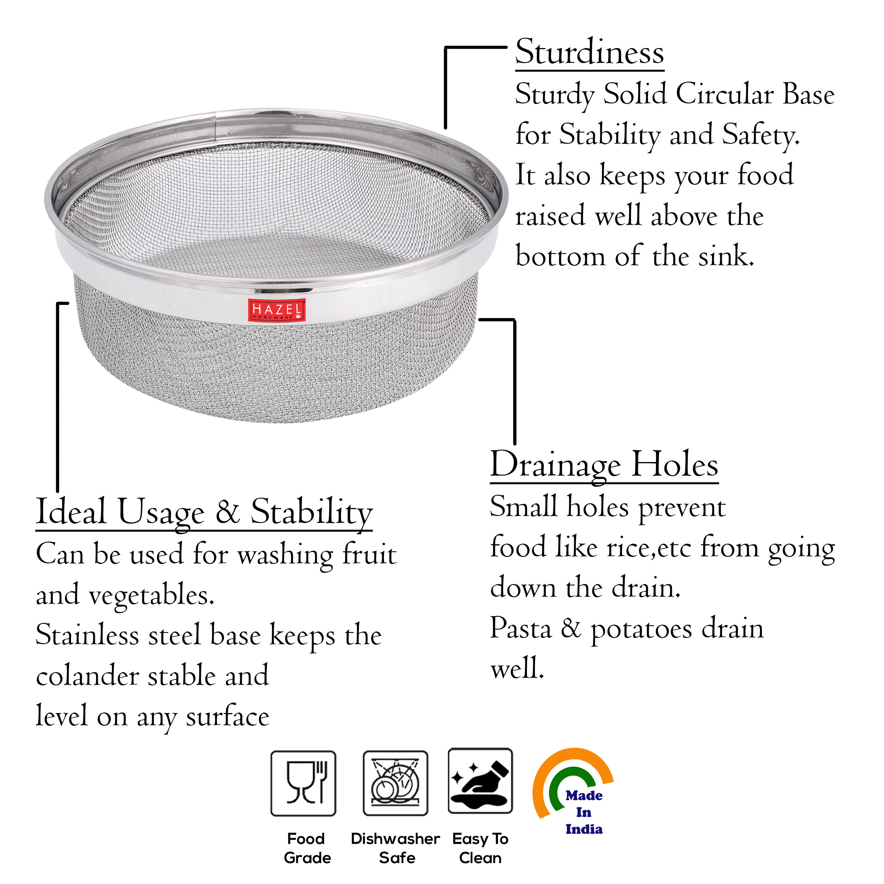 HAZEL Stainless Steel Strainer Basket Without Handle | Steel Fruits Basket | Vegetable Basket for Kitchen | Washer Colander Sieve For Kitchen | 19 cm