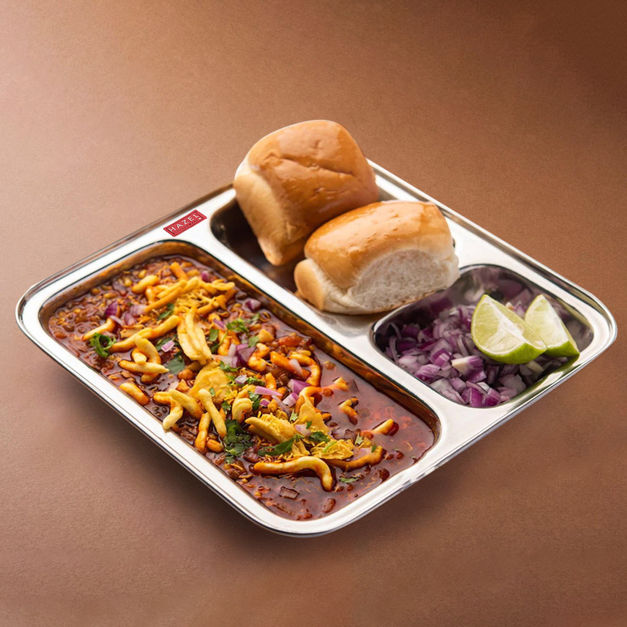 HAZEL Pav Bhaji Plates for Restaurant | Stainless Steel Compartment Plate | 3 in 1 Mess Plate Steel | Steel Bhojan Thali for Event, Party | 22 cm