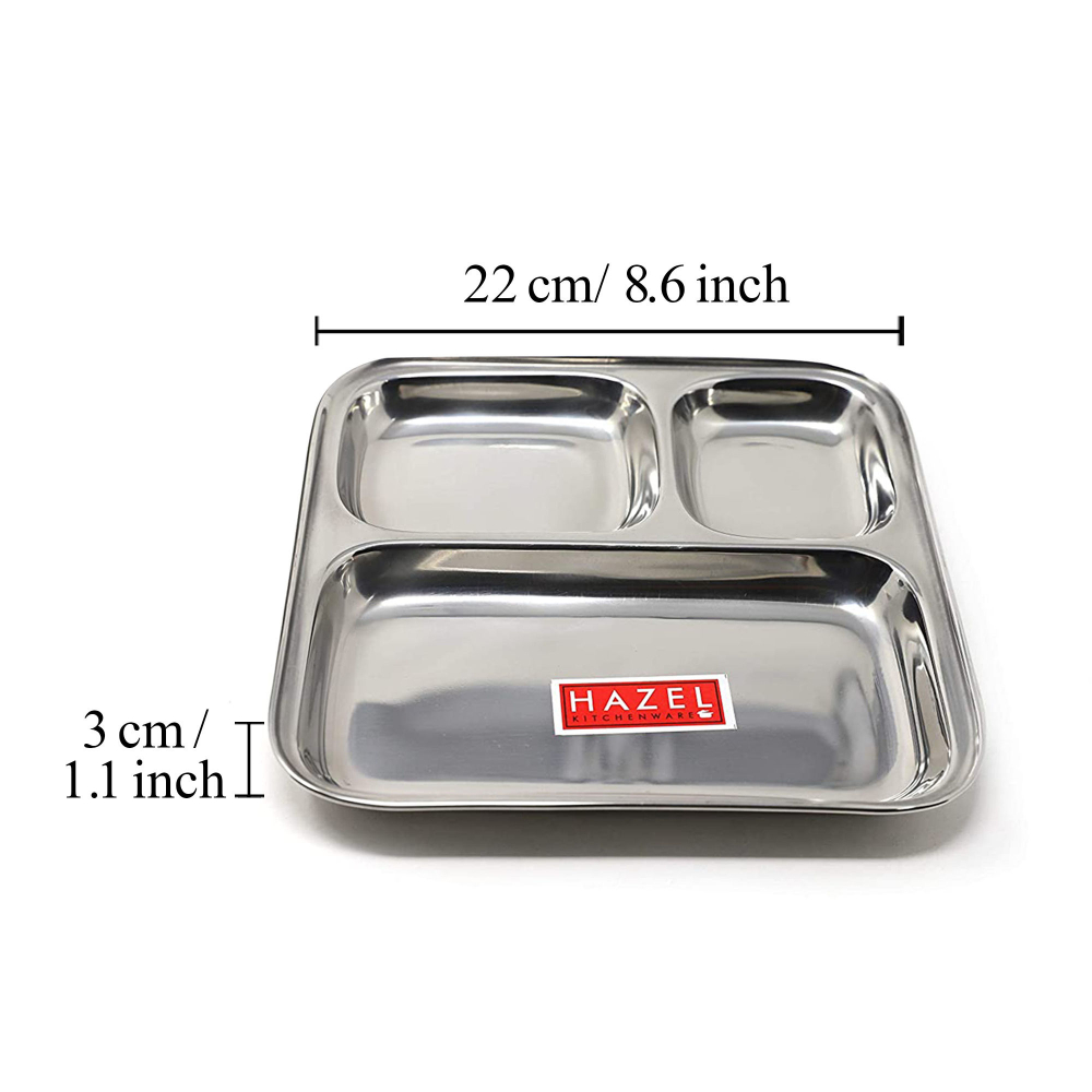 HAZEL Pav Bhaji Plates for Restaurant | Stainless Steel Compartment Plate | 3 in 1 Mess Plate Steel | Steel Bhojan Thali for Event, Party | 22 cm