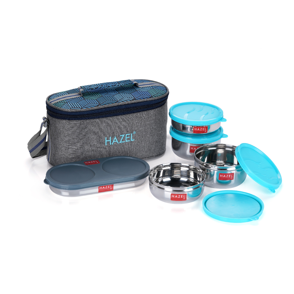 HAZEL Lunch Box for Office Men & Women with Lunch Bag | Tiffin Set of 5 Air Tight Steel Box (2 Pc - 450 ML, 2 Pc -300 ML and 1 Roti Chapati Conatiner) Lunch Box Bag