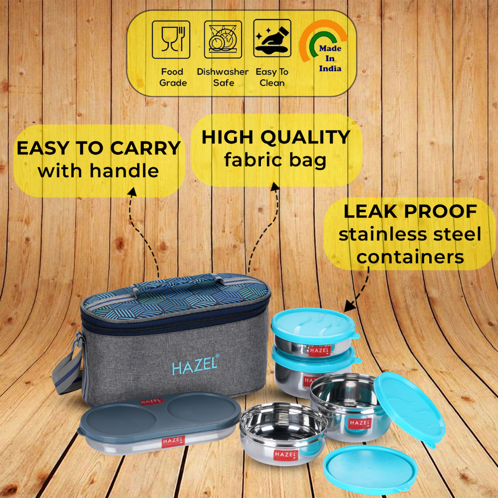 HAZEL Lunch Box for Office Men & Women with Lunch Bag | Tiffin Set of 5 Air Tight Steel Box (2 Pc - 450 ML, 2 Pc -300 ML and 1 Roti Chapati Conatiner) Lunch Box Bag